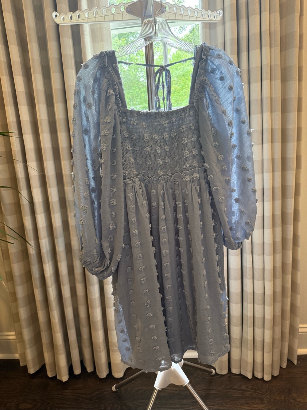 Light Blue Textured Dot Smocked Square Neck Chiffon Maternity Dress